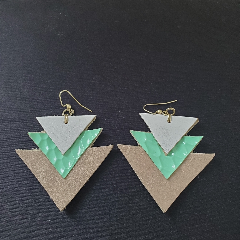 Geometric green, white, beige overlapping triangle earrings